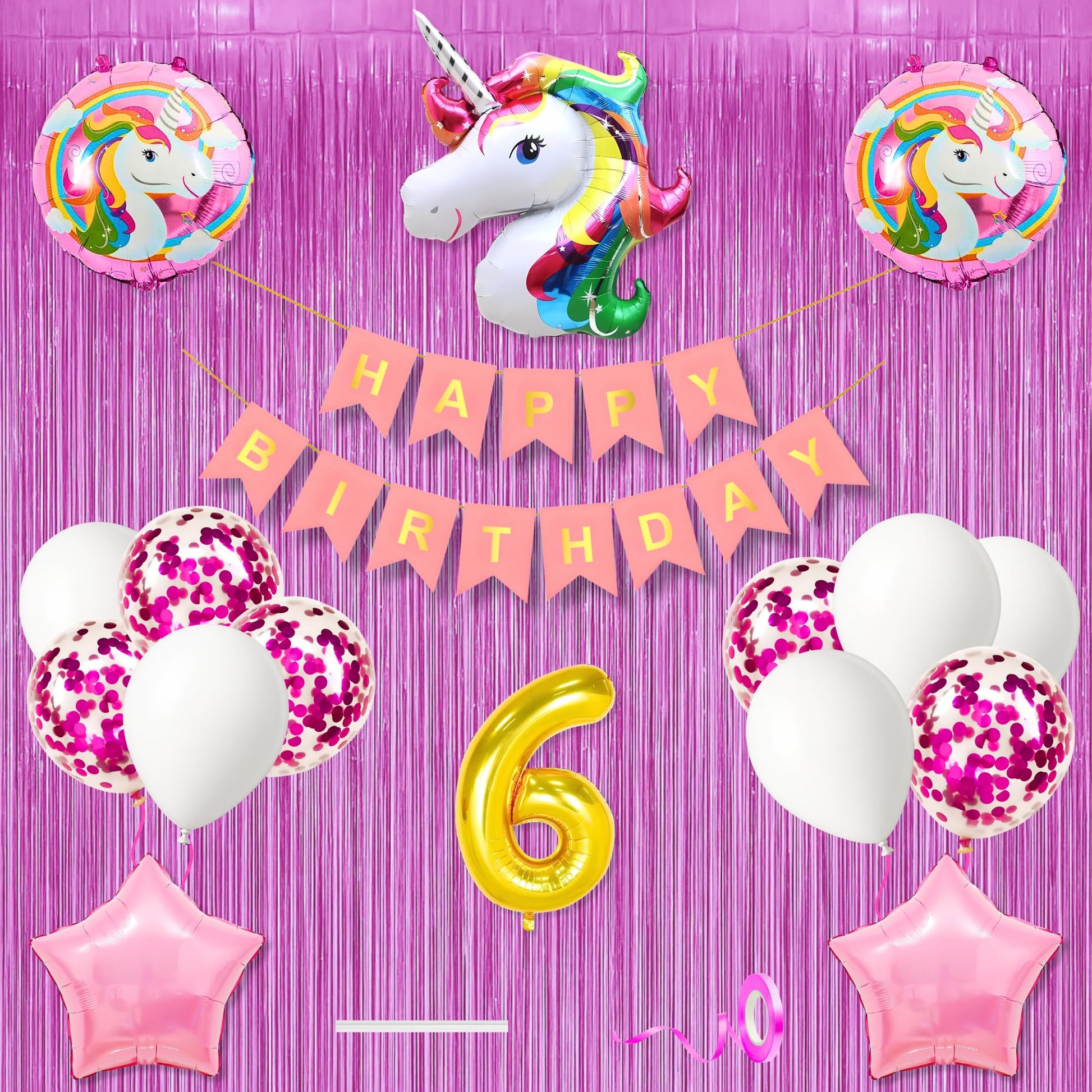 6Th Unicorn Theme Happy Birthday Banner Decoration Kit Combo Light Pink For 6 Year Old Baby Boys Girls Kids 5 Pc Unicorn Theme 1