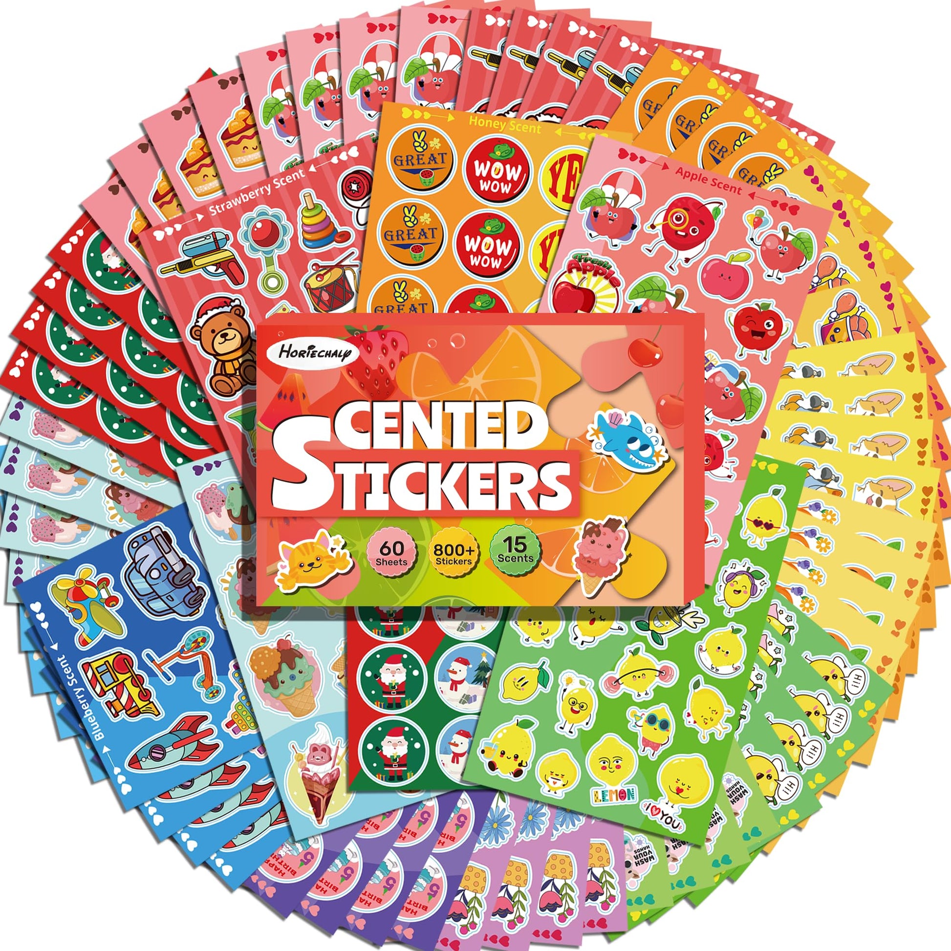 HORIECHALY Scratch and Sniff Stickers for Kids, 60 Sheets 900+ Smelly Stickers with 7 Themes, 15 Scents Scented Stickers for Tea