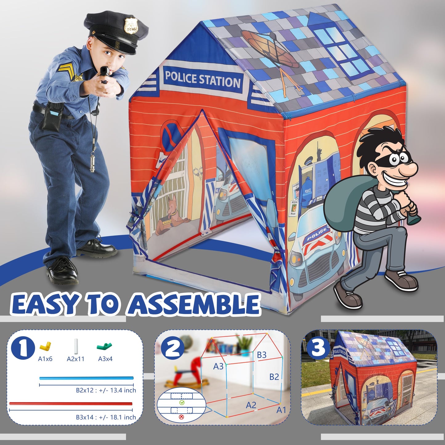 Play 10 Kids Play Tent, Tent Playhouse, Toddler Boy Toys Outdoor Playhouse 2 Year Old Boy Birthday Gift, Police Station