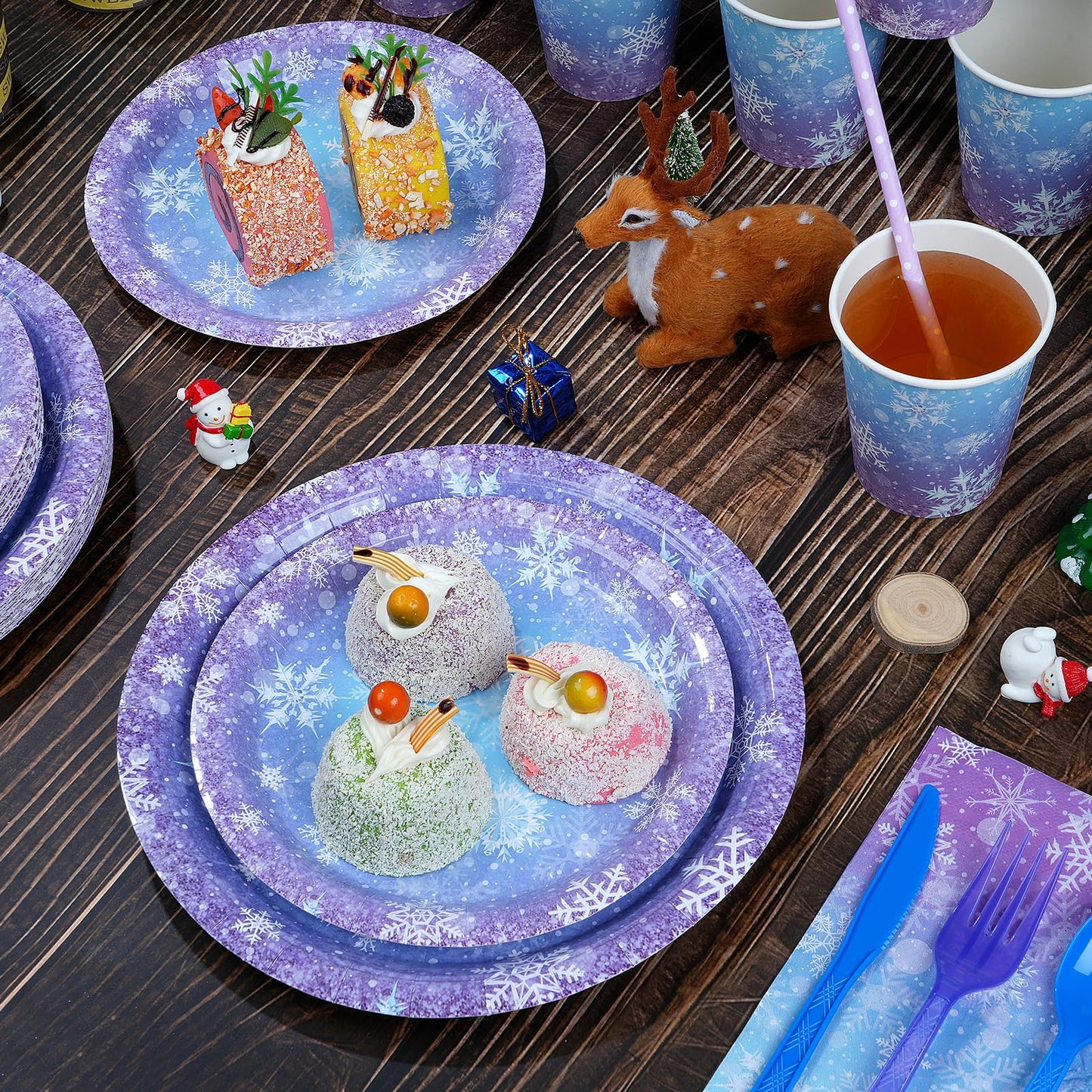 Winter Snowflake Paper Plates and Napkins Set, Blue and Purple Snowflake Winter Wonderland Disposable Tableware for Christmas Wi