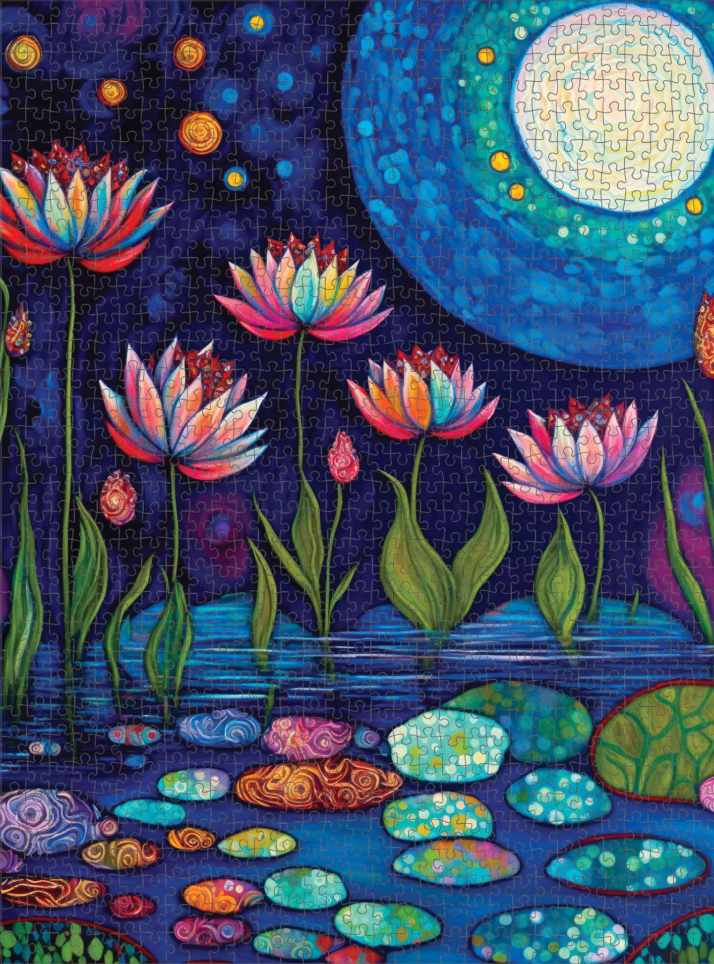 Cross & Glory 1000 Piece Jigsaw Puzzle - Waterlilies Moonlight, Large Size, 1.8mm Thick Cardboard, Stunning Artwork for Relaxation