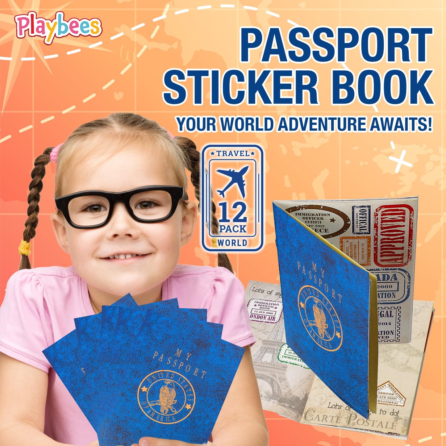 Playbees Passport Sticker Book for Boys and Girls - 12 Pack - Pad of Famous Places Motivational Treats, Party Favors, Game Prize