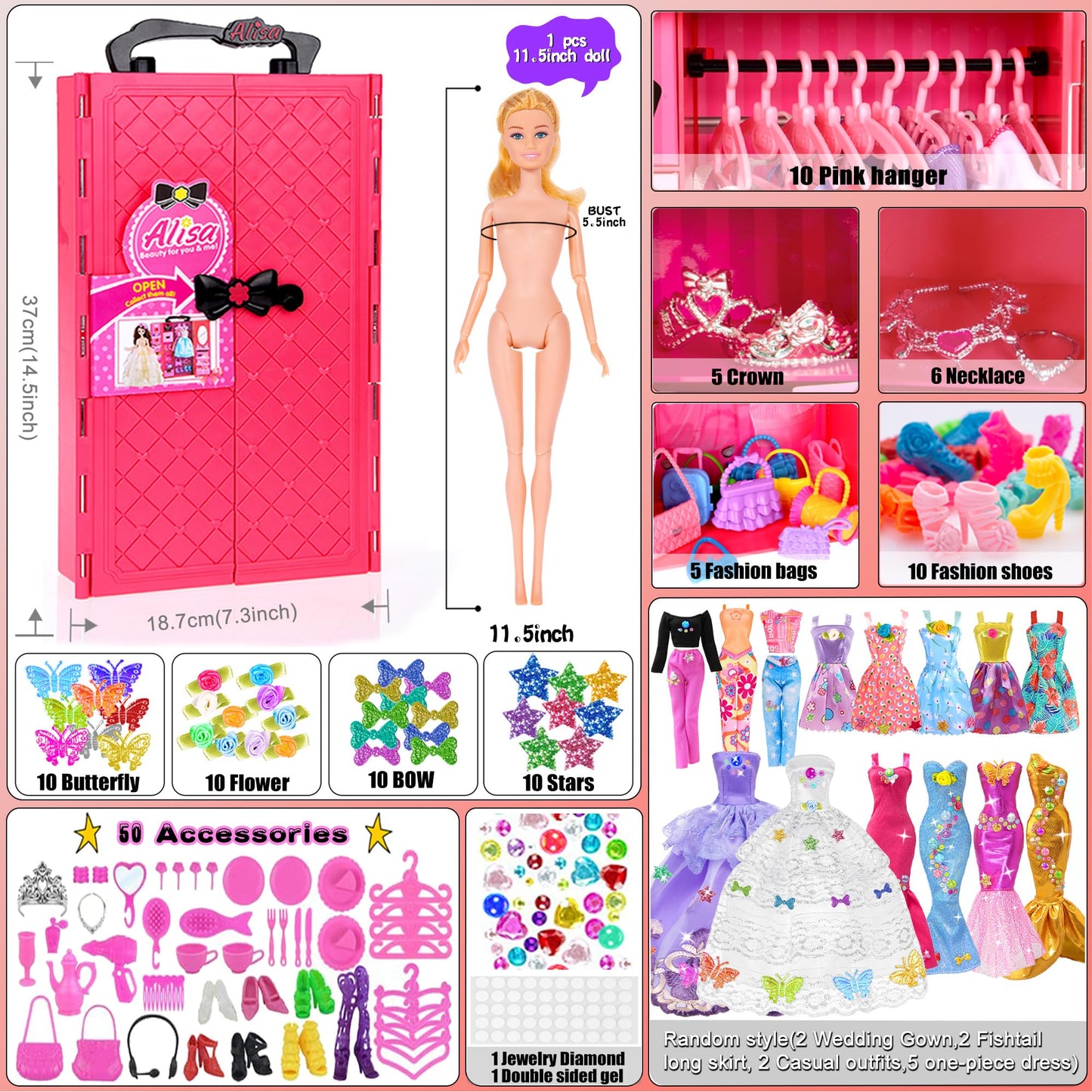 Ibayda 139Pcs 11.5 Inch Girl Doll With Doll Closet Wardrobe Clothes And Accessories Including Doll, Wedding Dress, Outfits, Shoes, Hangers, Bags, Necklaces And Diy Stickers (Include One Doll)
