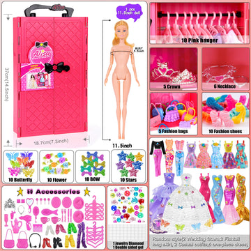 Ibayda 139Pcs 11.5 Inch Girl Doll With Doll Closet Wardrobe Clothes And Accessories Including Doll, Wedding Dress, Outfits, Shoes, Hangers, Bags, Necklaces And Diy Stickers (Include One Doll)