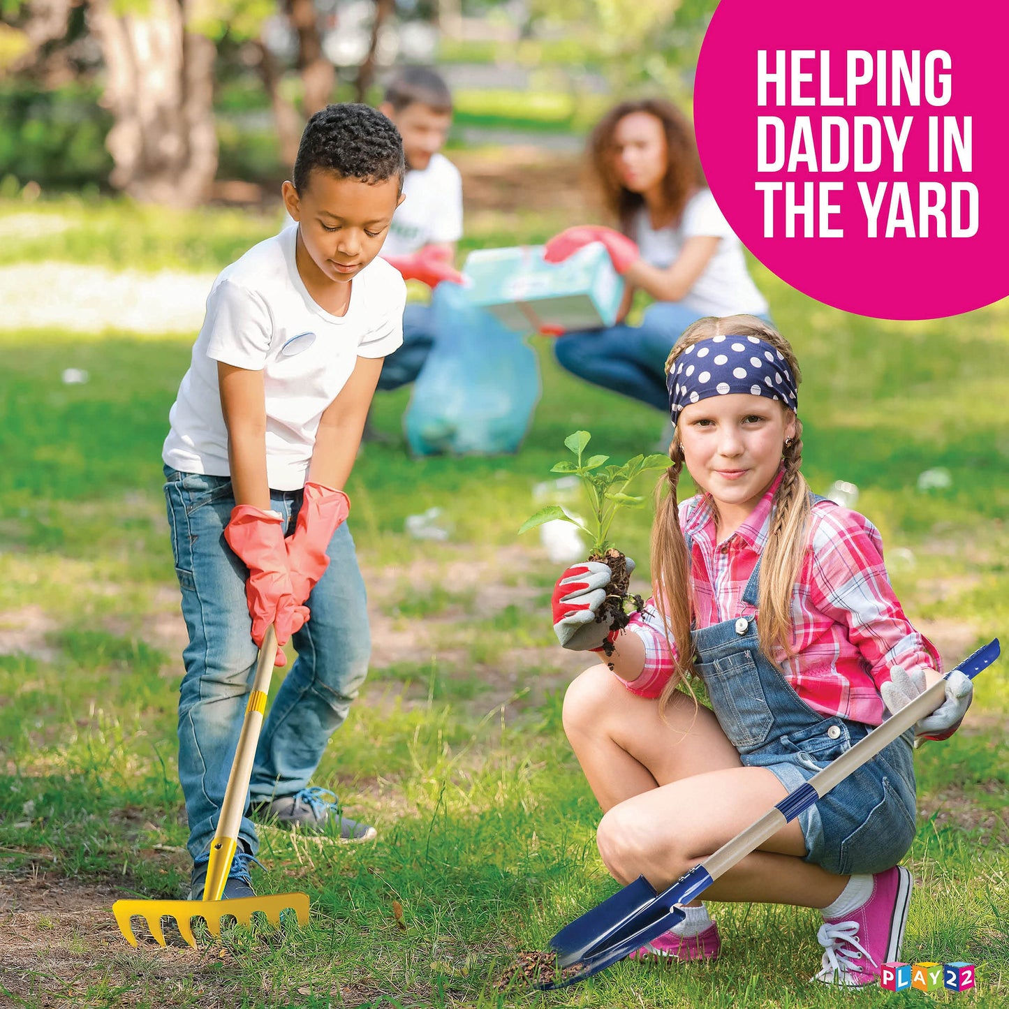 Play22 Kids Garden Tool Set Toy 4-Piece - Shovel, Rake, Hoe, Leaf Rake, Wooden Gardening Tools For Kids Best Outdoor Toys Gift For Boys And Girls