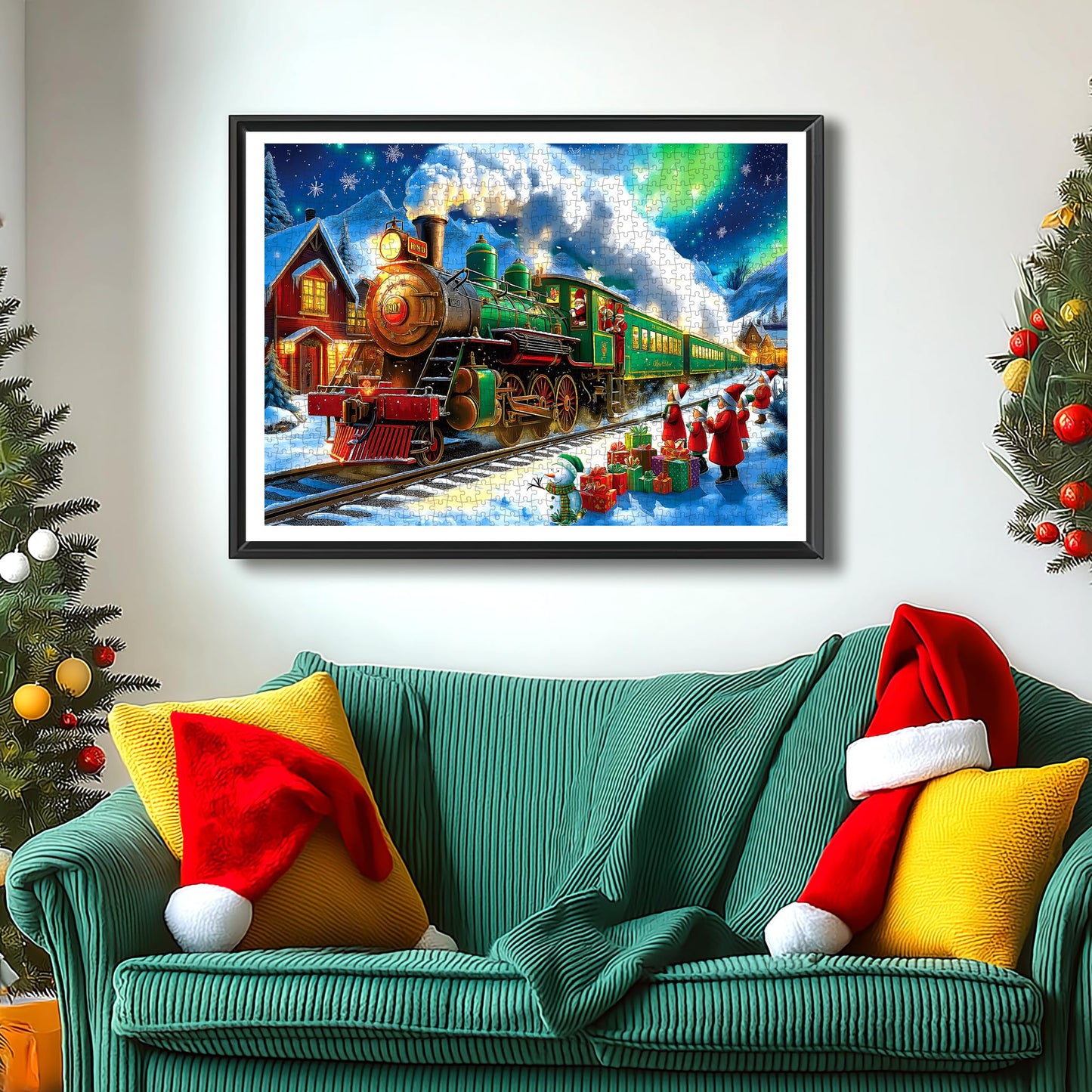 Blueforest Christmas 1000 Piece Jigsaw Puzzle for mature-themeds - 27.5x19.7 Inches Holiday Train Scene with Aurora & Santa  Challenging Fun mature-themed Puzzles  Home Decor