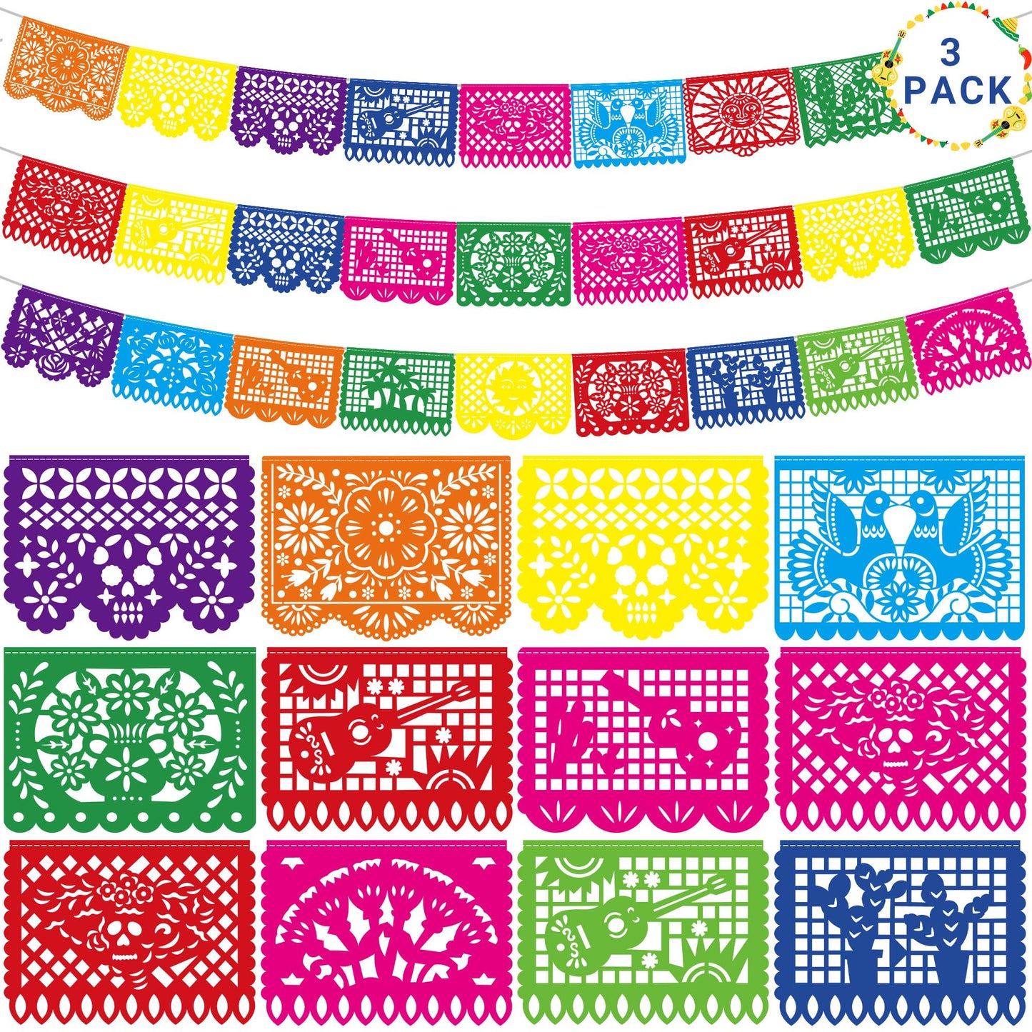 54 FT Cinco De Mayo Decorations, 3 Pack Mexican Party Banner, Plastic Fiesta Banner Colorful Papel Picado Hanging Banner String 