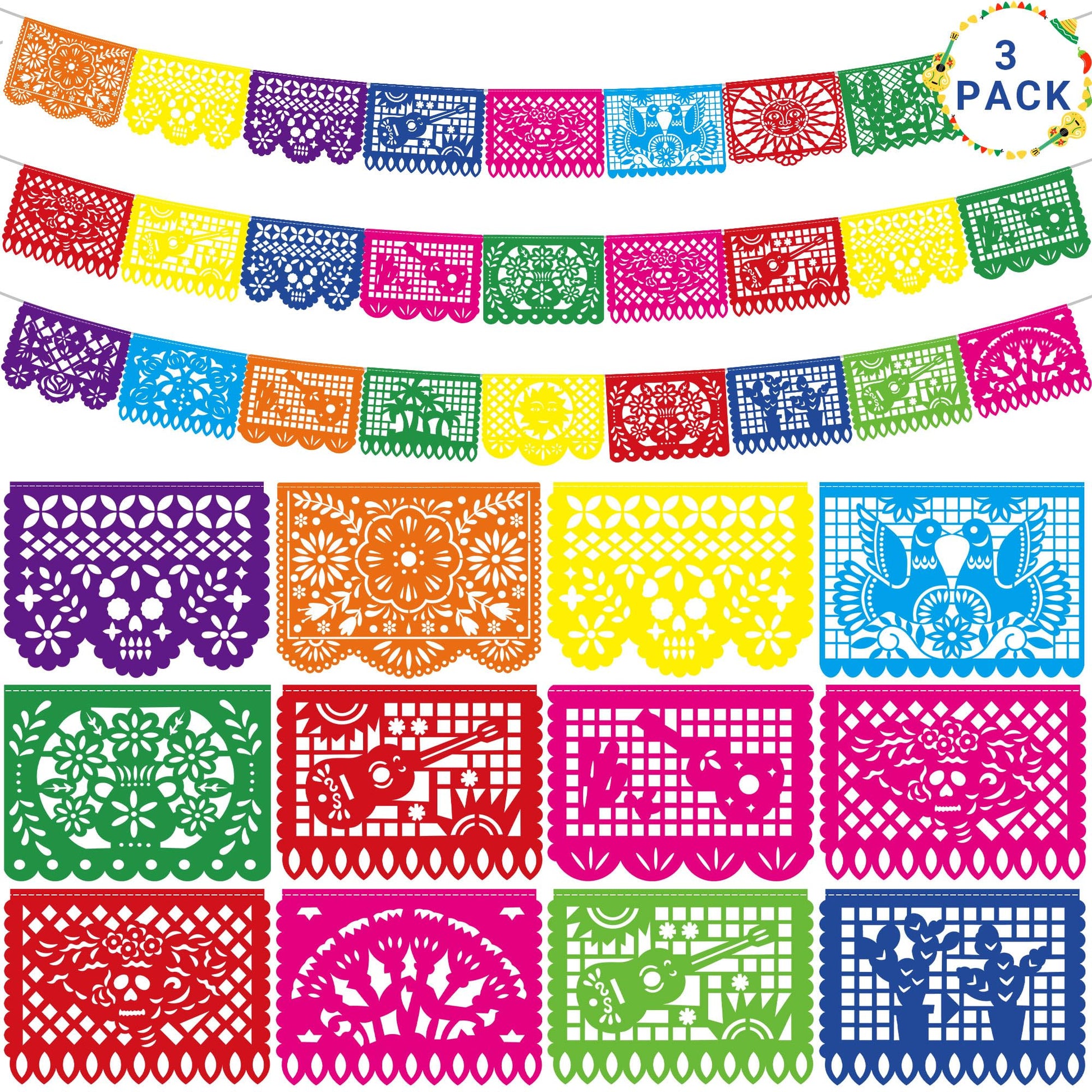 54 FT Cinco De Mayo Decorations, 3 Pack Mexican Party Banner, Plastic Fiesta Banner Colorful Papel Picado Hanging Banner String 