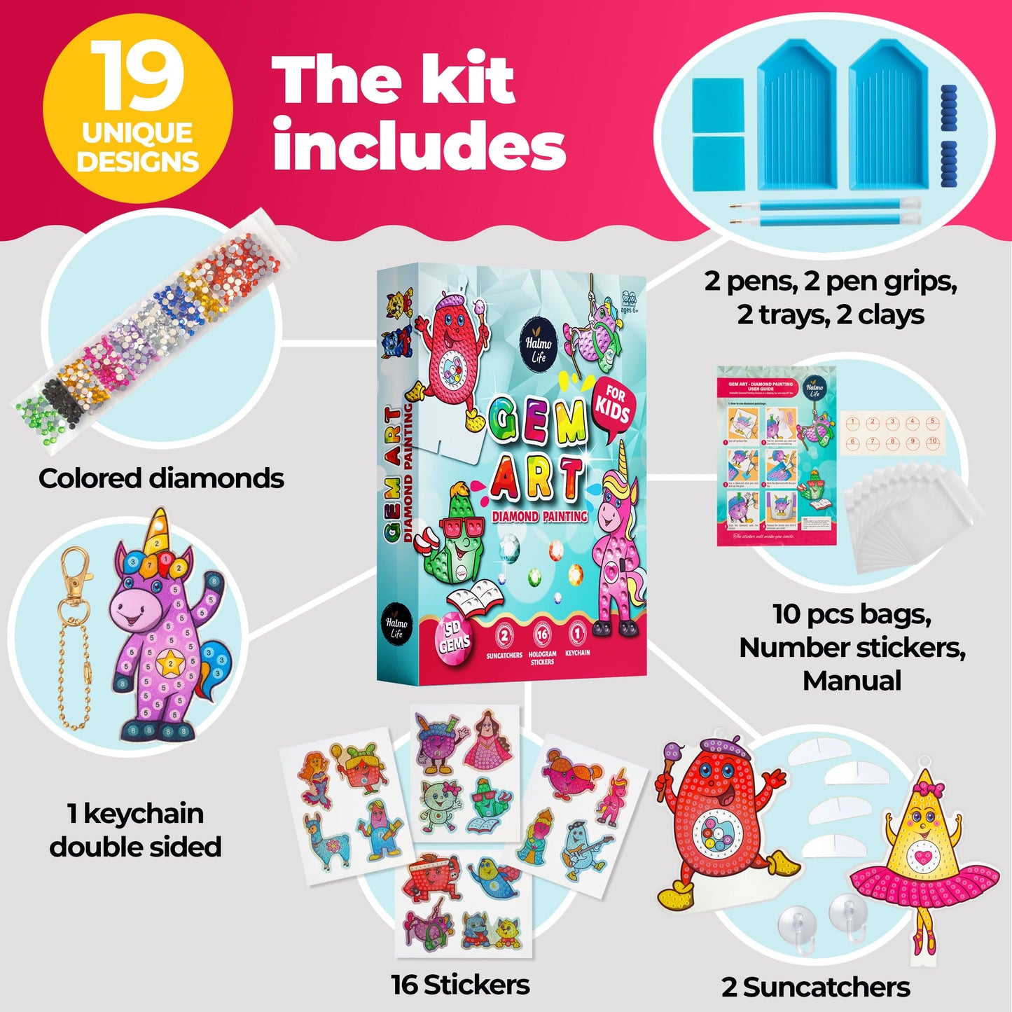 Halmolife Big Gem Diamond Painting Kits -19 Stickers, Keychain & Suncatcher DIY Kit - Diamond Art for Kids - Arts and Crafts for