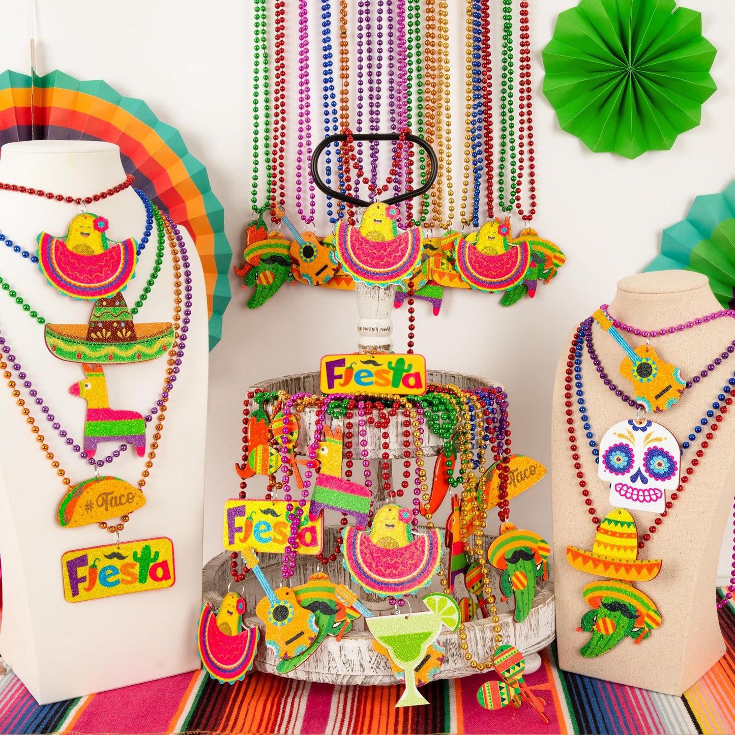 Eoboh 72Pcs Fiesta Party Necklace Decorations, Cinco De Mayo Mexican Beads, 12 Kinds Of Metallic Mexican Accessories Bulk, Fiest