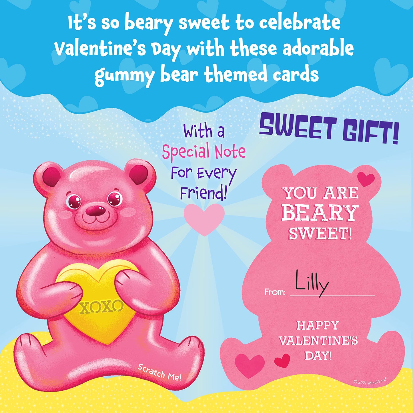 Peaceable Kingdom Valentines Cards for Kids Classroom, Set of 28 Valentines Day Gifts - Gummy Bear Scratch and Sniff Scented Can