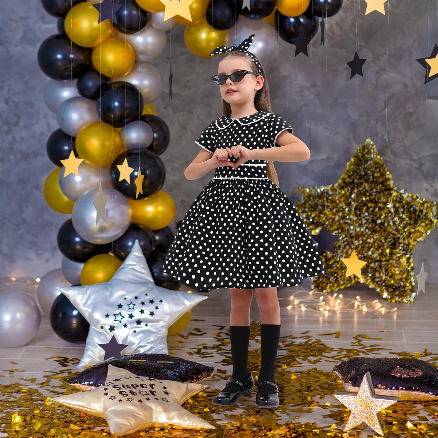 Rabtero 1950S Black And White Polka Dot Dress Costume For Girls 7-8 Years, Large - Halloween Outfit With Headband, Glasses And S