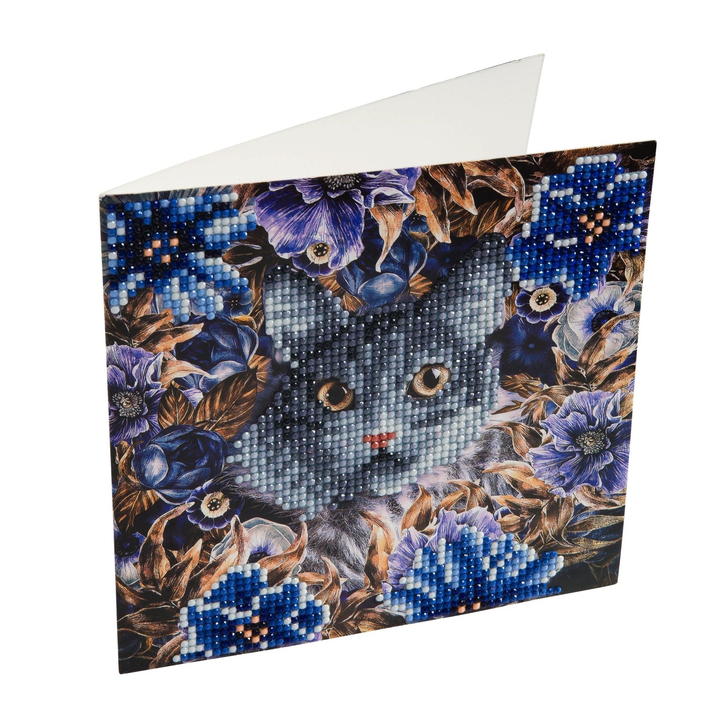 Crystal Art Diamond Painting Card Kit - Cat and Flowers- Create Your Own 7x7 Card Kit - for Ages 8 and up