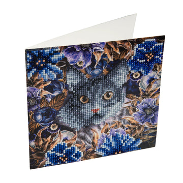 Crystal Art Diamond Painting Card Kit - Cat and Flowers- Create Your Own 7x7 Card Kit - for Ages 8 and up