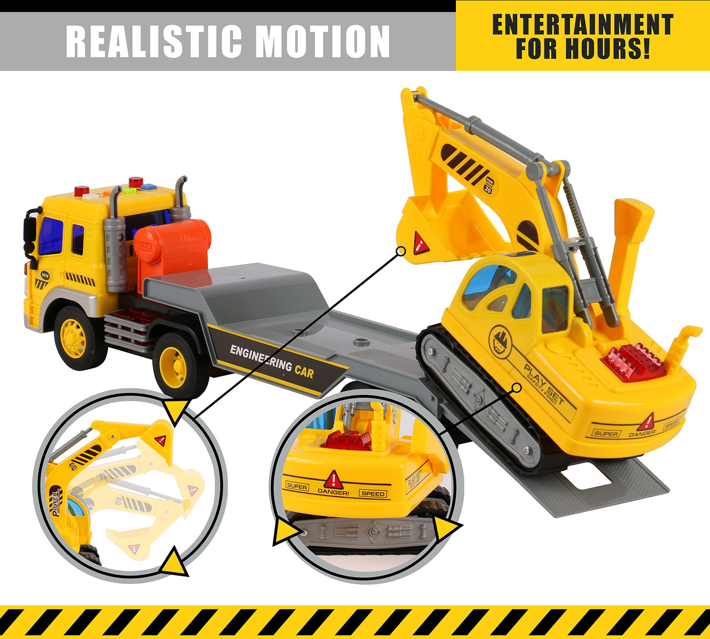 TOYTHRILL Tow Truck with Excavator Toy for Boys 2+ Year Old, Construction Truck Toy with Excavator, Semi Truck with Lights and S