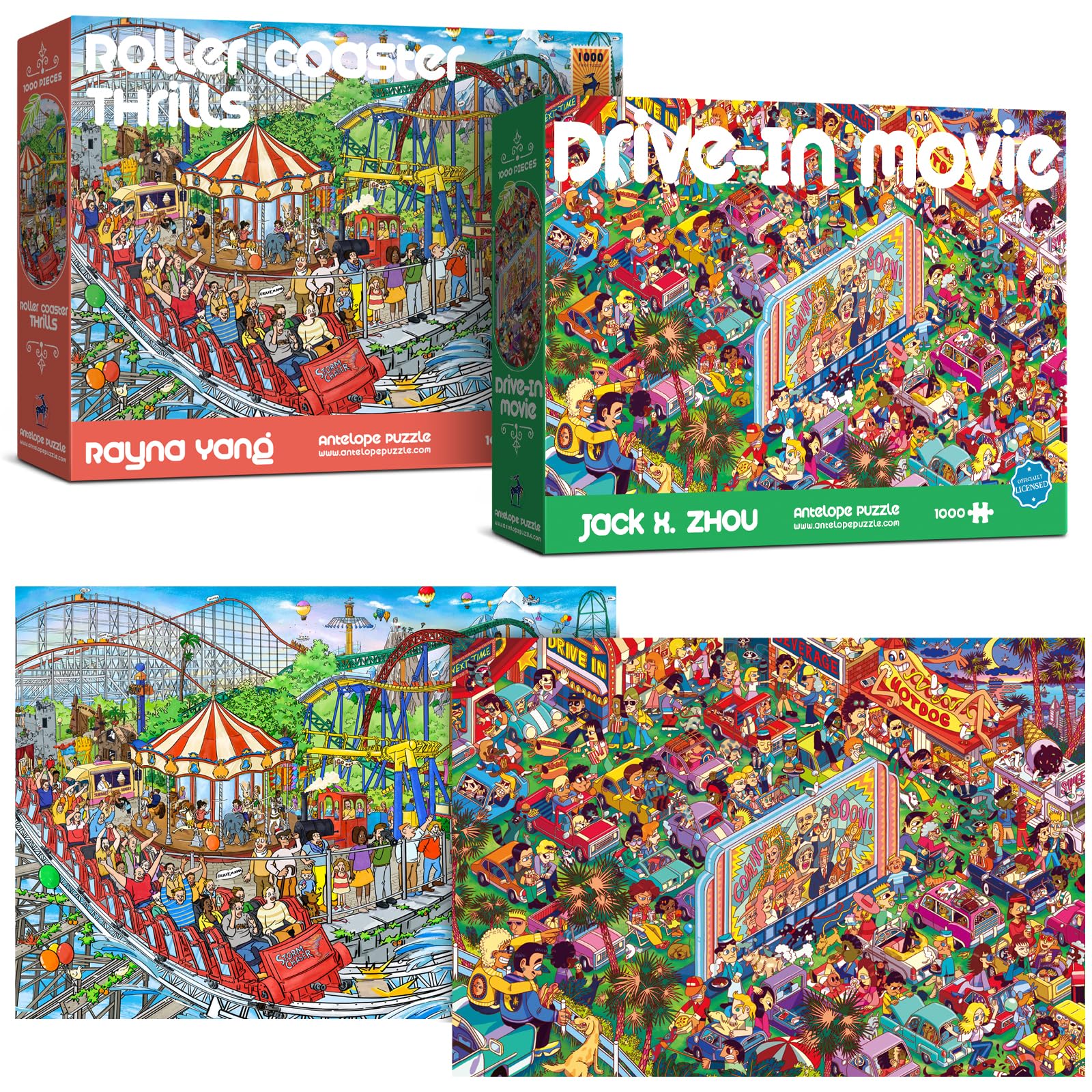 Antelope 2 In 1 1000 Piece Puzzle Bundle - Drive In Movie - 1000 Piece Jigsaw Puzzle Bundle With Roller Coaster - 1000 Piece Jigsaw Puzzle