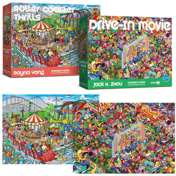 Antelope 2 In 1 1000 Piece Puzzle Bundle - Drive In Movie - 1000 Piece Jigsaw Puzzle Bundle With Roller Coaster - 1000 Piece Jigsaw Puzzle