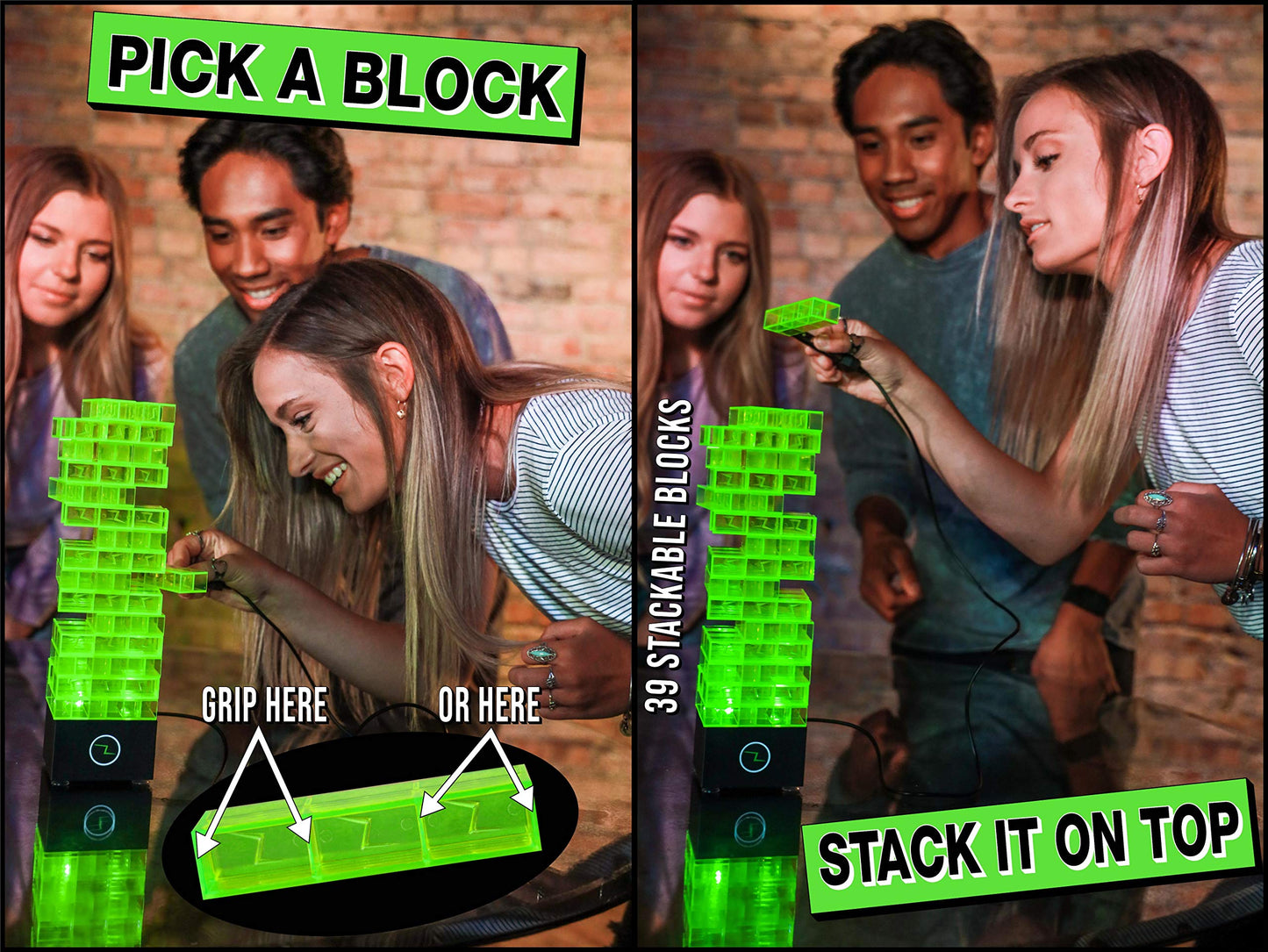 Amped Gamez ShiZap! Illuminated Electric Shock Stacking Block Game - Multicolor, LED Base, Family Fun for Teens & Adults
