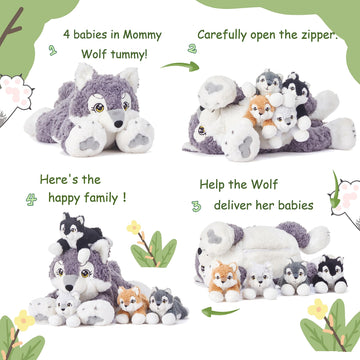Ikasa Mommy Wolf Stuffed Animal Mom And Baby Plush Toy, Cute 18' Soft Small Mama Family Set With Little Mini Babies,Gifts For Kid (Wolf)
