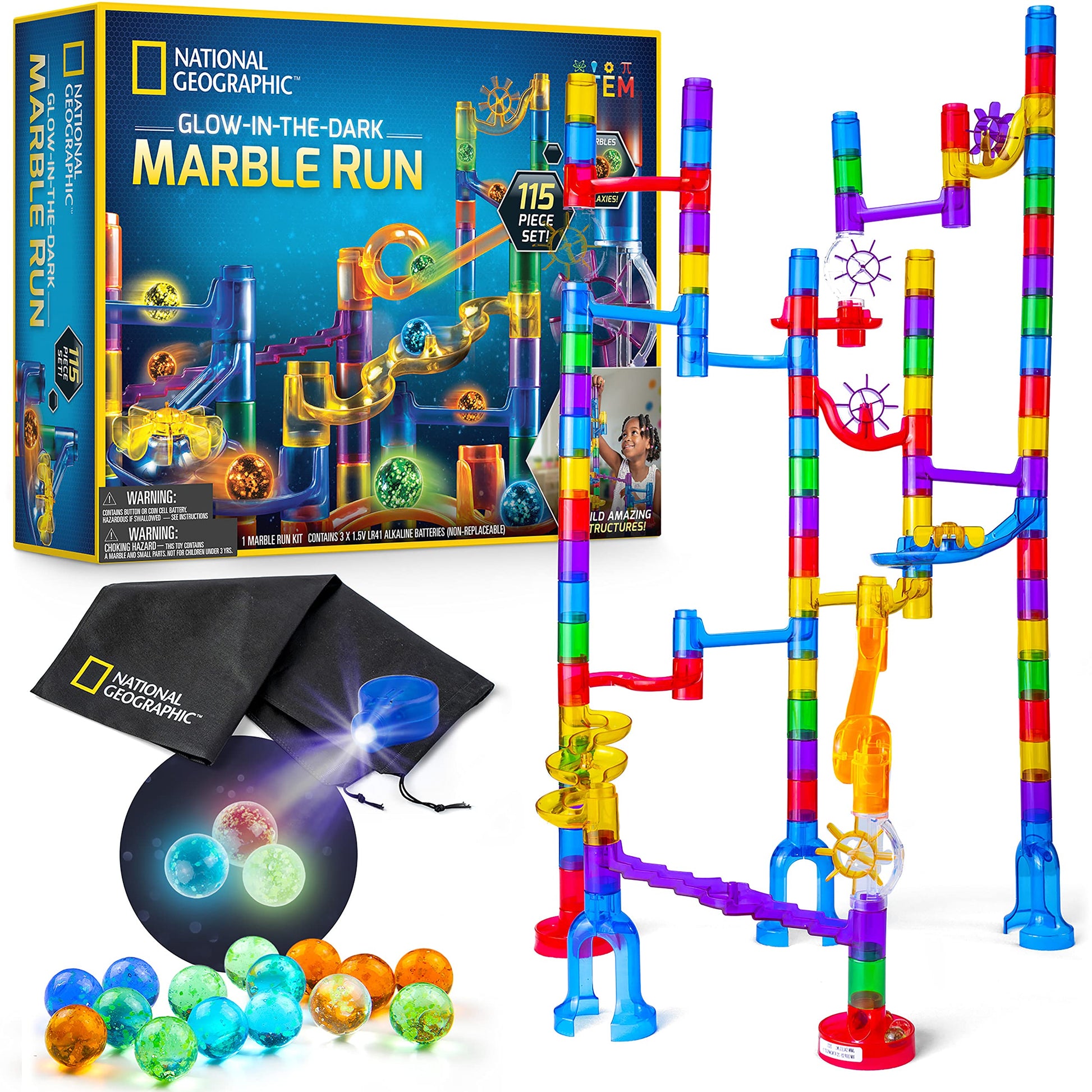 National Geographic Glowing Marble Run – 115 Piece Construction Set With 25 Glow In The Dark Glass Marbles, Storage Bag, Great Creative Stem Toy For Girls And Boys