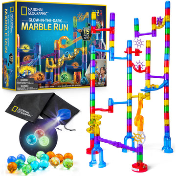National Geographic Glowing Marble Run – 115 Piece Construction Set With 25 Glow In The Dark Glass Marbles, Storage Bag, Great Creative Stem Toy For Girls And Boys