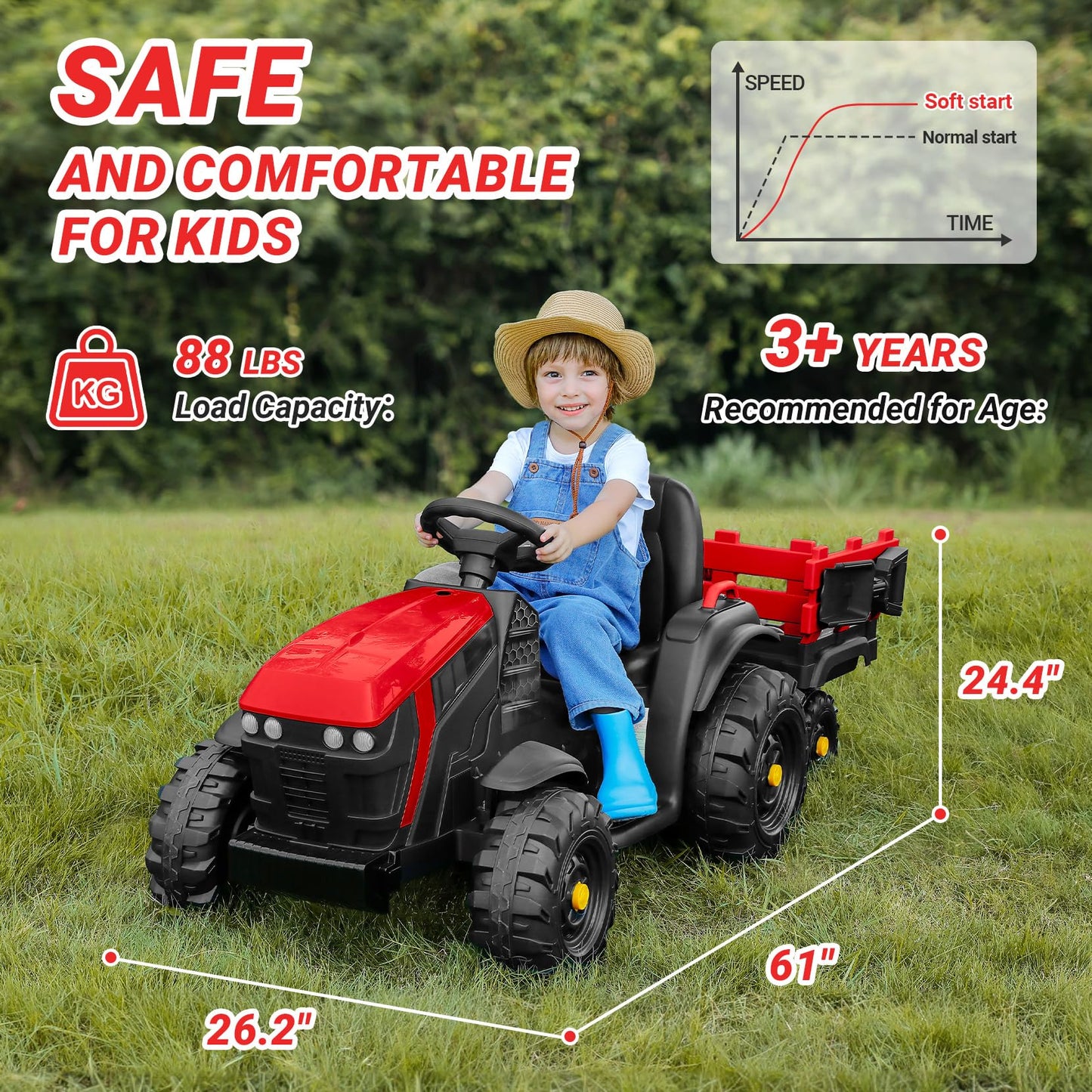 Elemara 24V 9Ah Kids Ride On Tractor With Easy Detachable Trailer, 400W Electric Vehicles, All-Terrain Capability, 24V Ride On Car For Big Kid, 3-Point Seat Belt For Ages 3+, Max 4.5 Mph, Music, Red