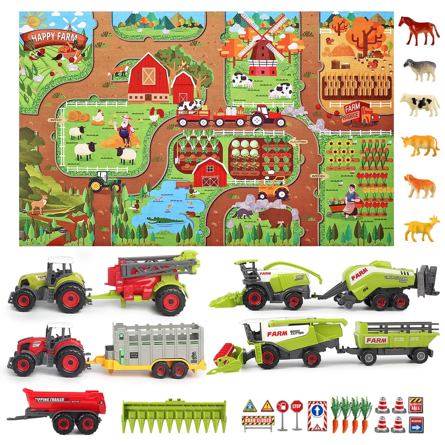 Oriate Farm Tractor Set, 34-Piece Die Cast Vehicle Playset, Large 4.8" Toys with Farm Mat, Metal, Model SQ80204