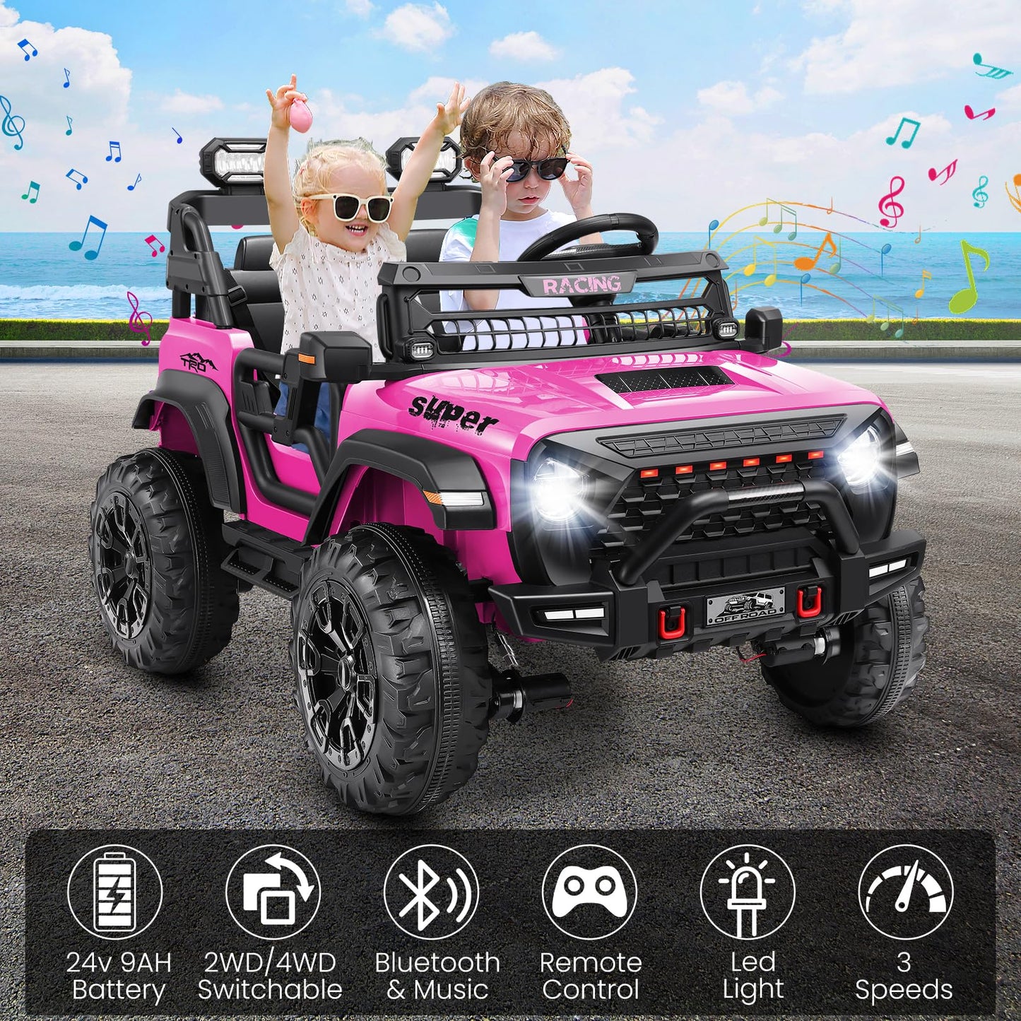 Hikole 24V Ride On Car With Remote Control, 2 Seater Electric Car For Kids W/20 Inch Wide Seat, 4X100W Motor, Led Headlight & Mu