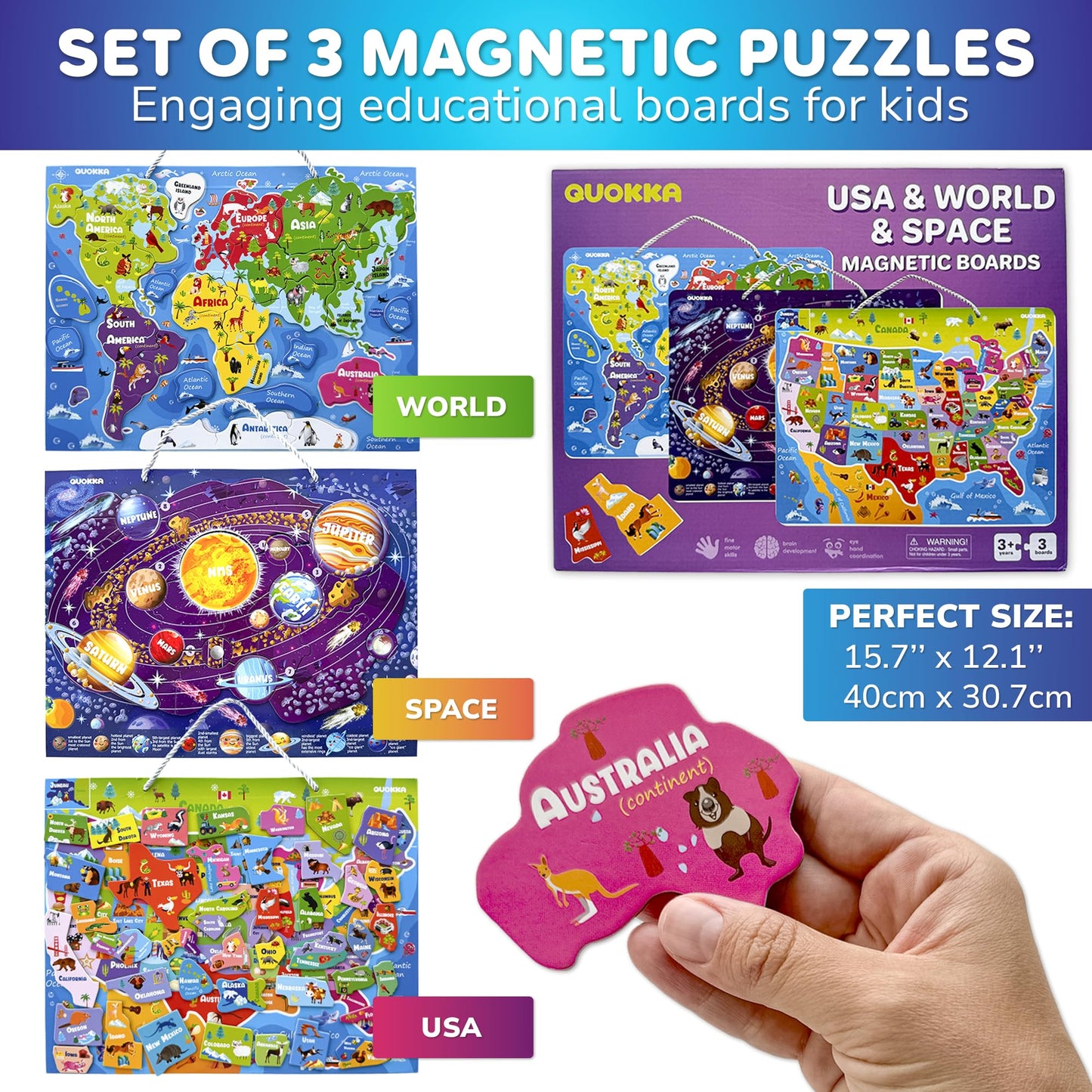 Quokka Magnetic Toddler Puzzles Ages 3-5 - 3 Educational Travel Games Puzzles For Kids Ages 4-6 - Space, Usa And World Map Learning Toys For Boy And Girl 2-4 Learn United States