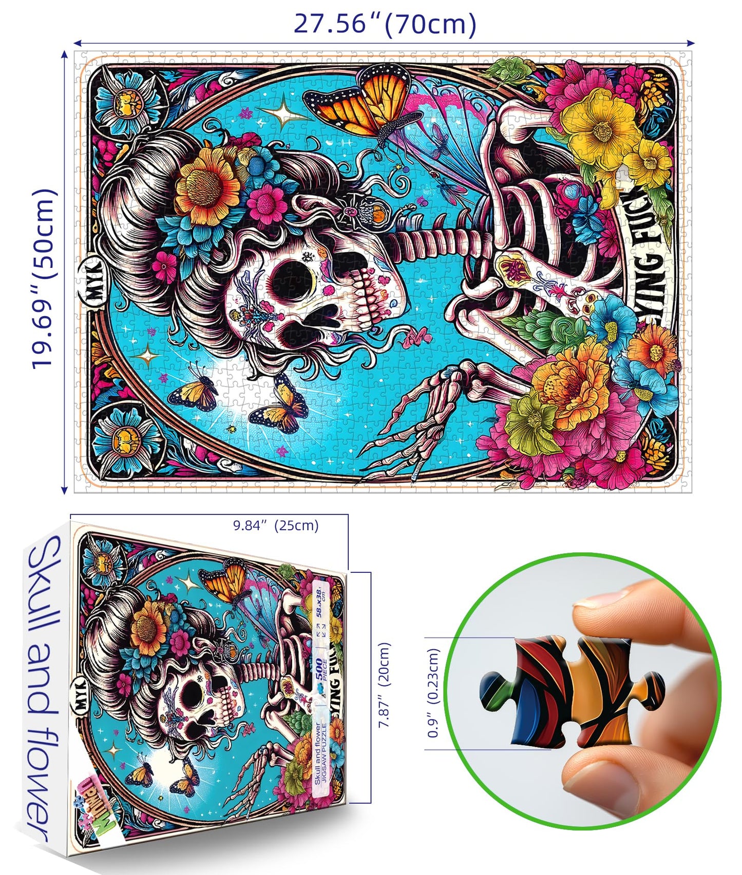 Halloween Sugar Skull 500 Piece Jigsaw Puzzle for mature-themeds Day of The Dead Puzzle with Vibrant Floral Skull Butterflies Playing Cards Art Challenging mature-themed Jigsaw Puzzles for Game Night(15 x23 )