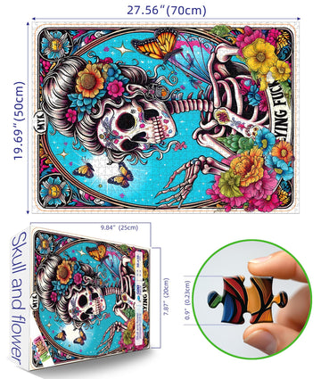Halloween Sugar Skull 500 Piece Jigsaw Puzzle for mature-themeds Day of The Dead Puzzle with Vibrant Floral Skull Butterflies Playing Cards Art Challenging mature-themed Jigsaw Puzzles for Game Night(15 x23 )