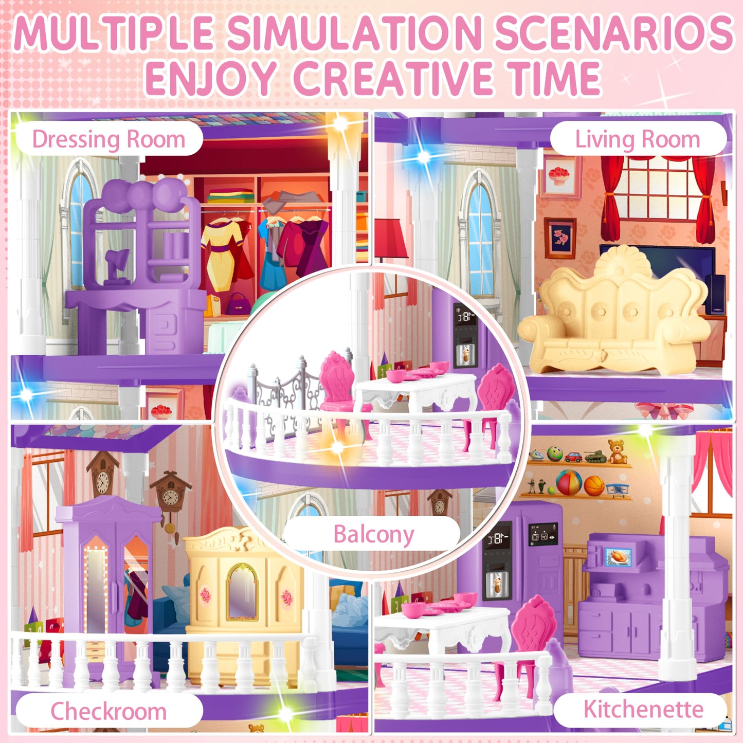 Doll House For Girls,10 Rooms Purple House Toy With Dolls Figure, Puppies,Furnitures, Accessories, Kids Playhouse Gift For For 3