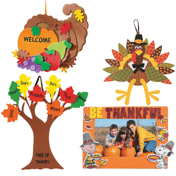 Craft Kits Thanksgiving & Autumn | Peanuts Be Thankful Picture Frame Magnet Kit, Foam Cornucopia Door Sign Kit, Turkey Making Ki
