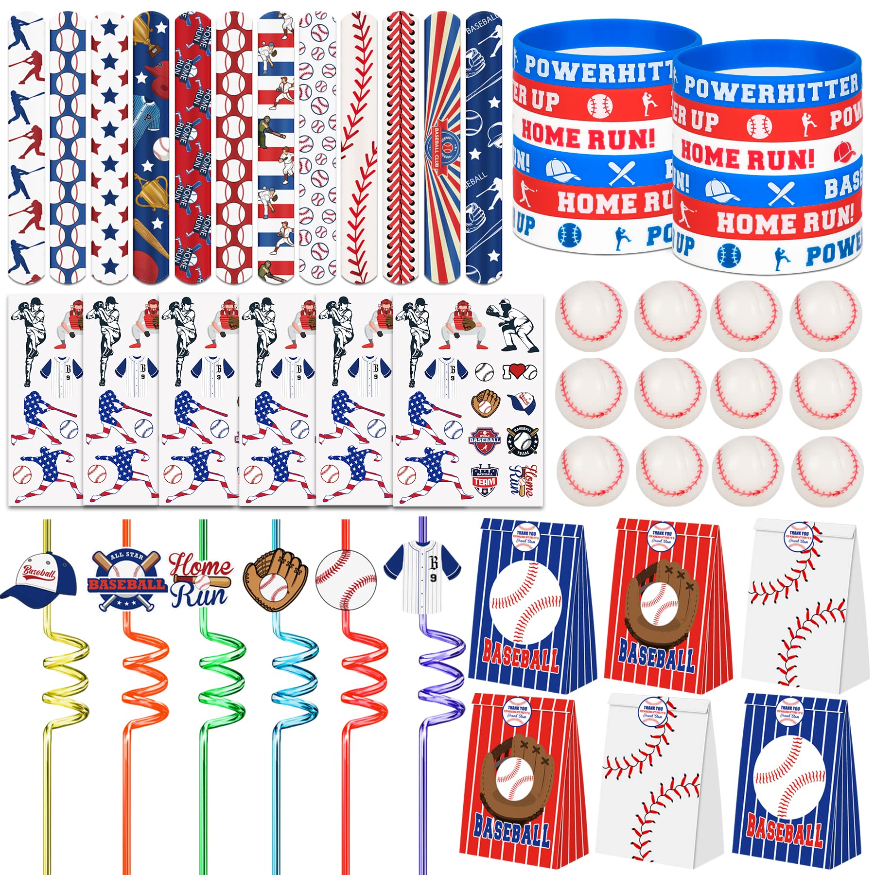 Erweicet Baseball Party Favors Set 72 PCS Baseball Slap Straws Silicone Bracelets Tattoo Stickers Mini Bouncy Balls Toy for Good