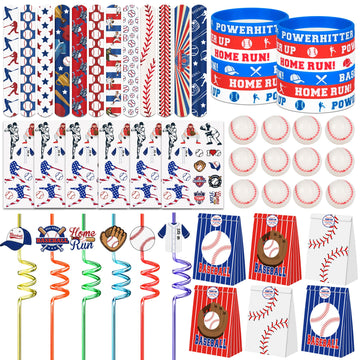 Erweicet Baseball Party Favors Set 72 PCS Baseball Slap Straws Silicone Bracelets Tattoo Stickers Mini Bouncy Balls Toy for Good