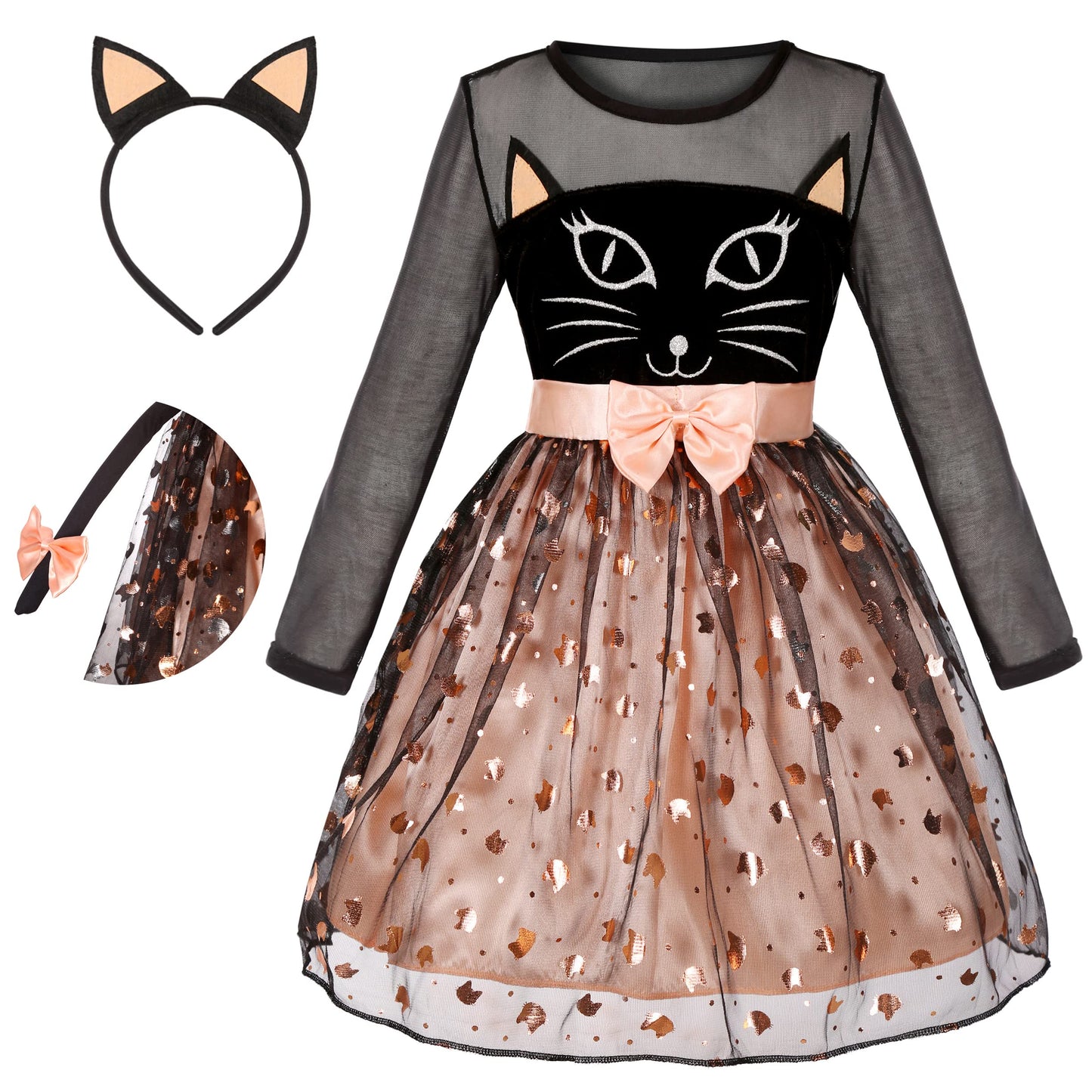 Neilyoshop Halloween Black Cat Costumes For Girls With One Tail 4-12Years 4-5T