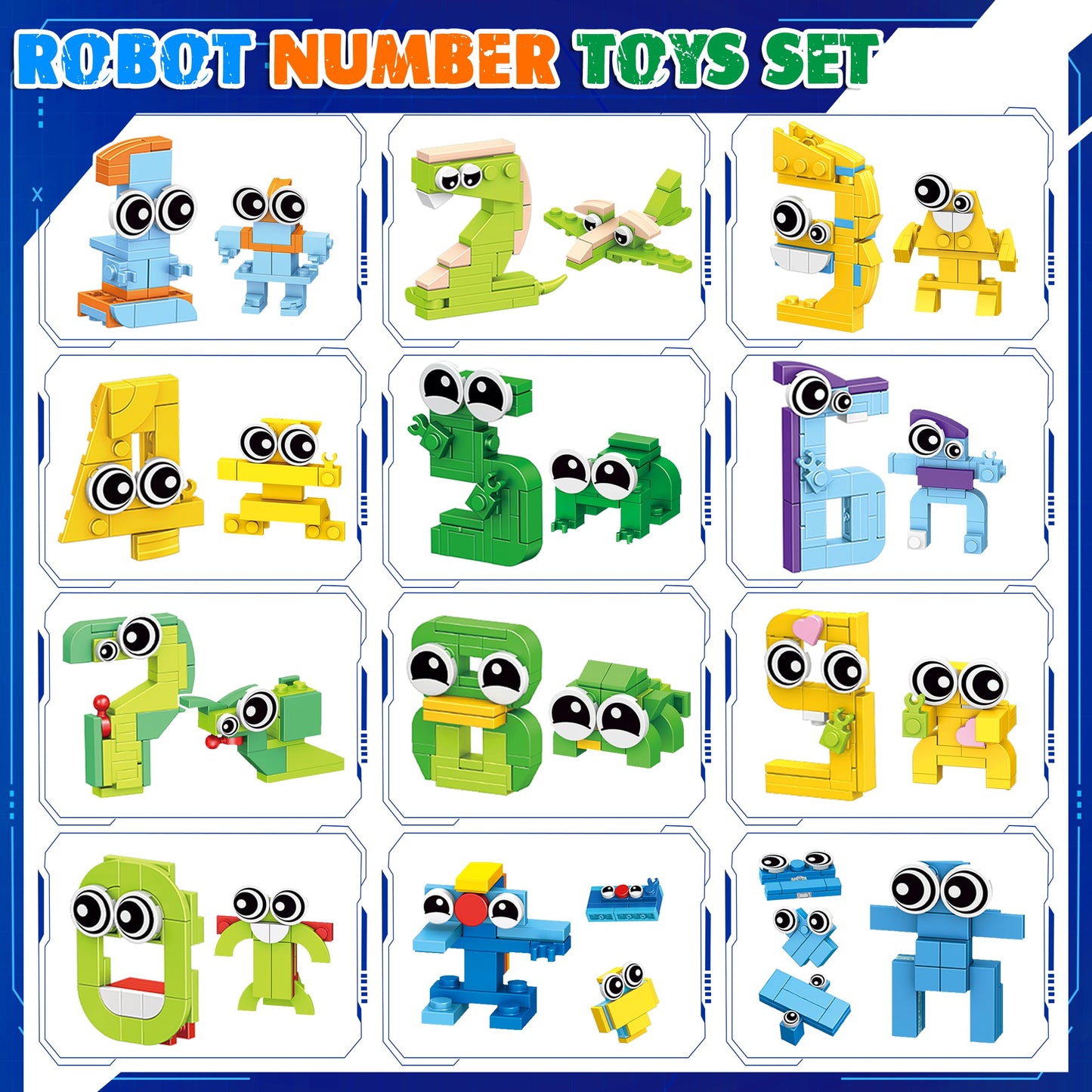 LINAYE 12 Pack Building Blocks Set - Number Learning Toys 355 PCS 12 in 1 Number Robots STEM Toys for Kids, Easter Stuffers Fill