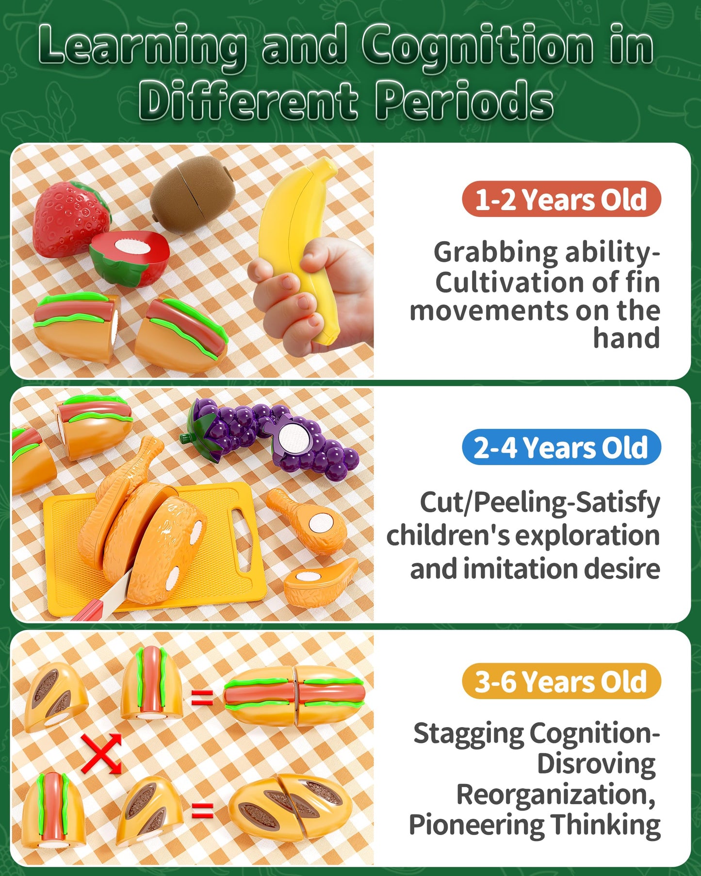 80pcs Pretend Play Food for Kids, Cutting Toy Food Set with Picnic Basket, Play Kitchen Accessories, Food Toys with Veggies, Fru