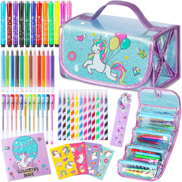 Unicorns Gifts For Girls 5 6 7 8 9 Year Old, Coloring Markers Set With Unicorn Pencil Case, Unicorn Art Supplies For Art Coloring, Craft Drawing Toy For Ages 6-8 Girls Birthday Christmas Easter