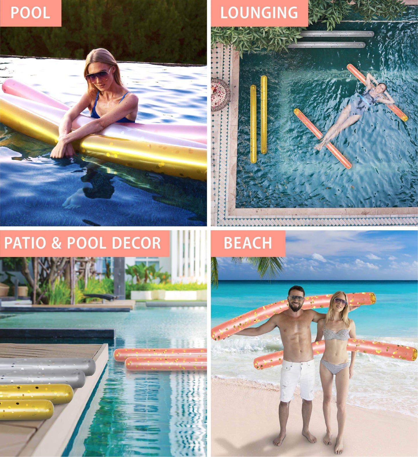 POZA 2 Pack Inflatable Pool Noodles - enhanced Jumbo Pool Noodle Float  elegant Giant Pool Floats Set  Sparkle Gold Confetti Pool Float for Swimming Pool  Beach  River and Lake  74 Inches - Rose Gold