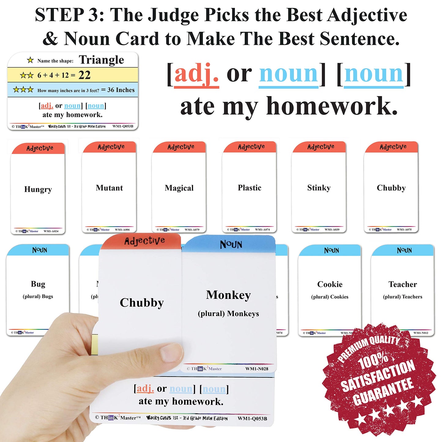 Think2Master Wacky Cards 1st - 3rd Grade. Math Card Game for Families & Classroom. Make Hilarious Sentences While Practicing Mat