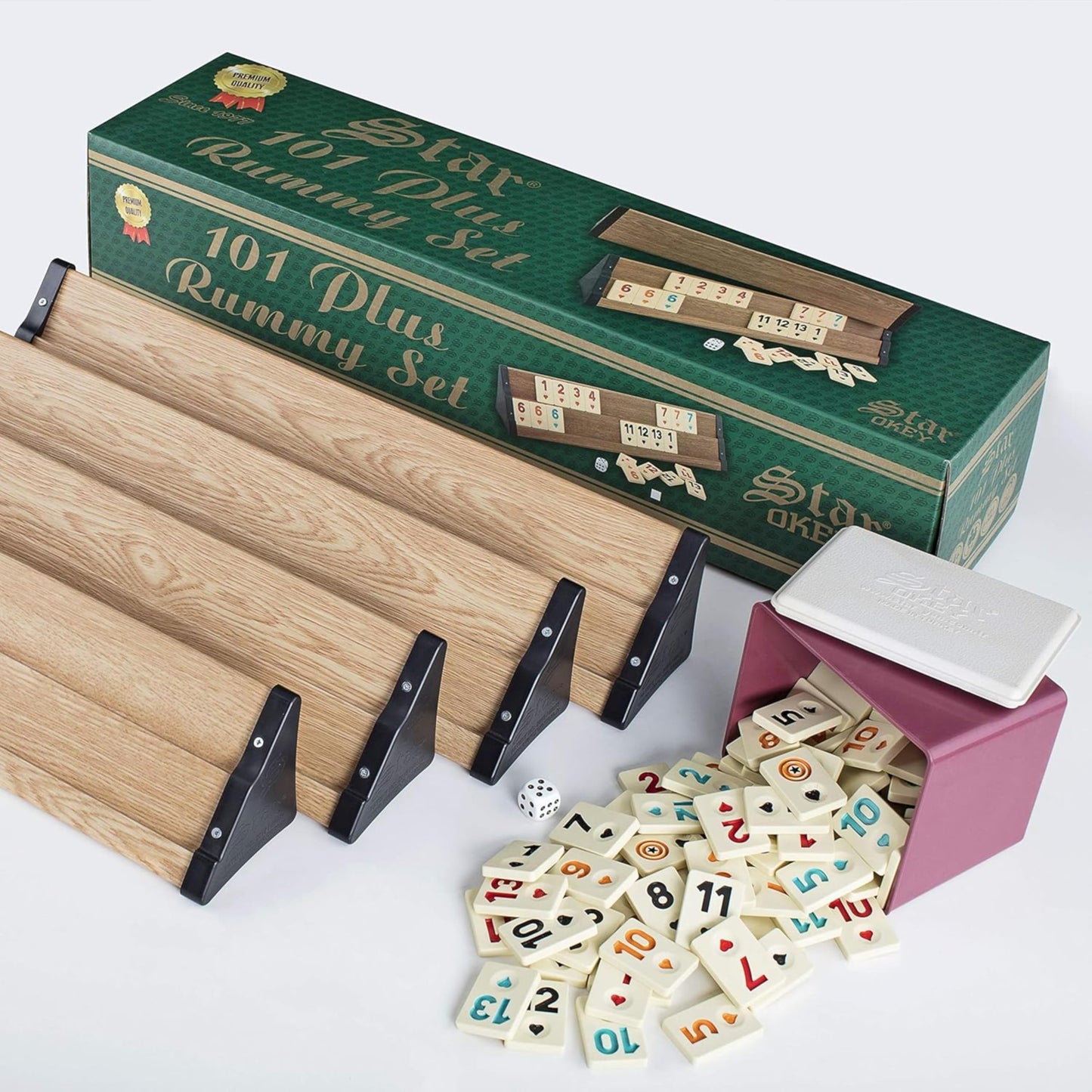 Lamodahome Star Plus Light Wooden Rummy/Okey/101 Game Set With Tile Container And Dices, For Adults And Kids, Perfect For Game Nights, Team Game, Get Together, Outdoor, Indoor