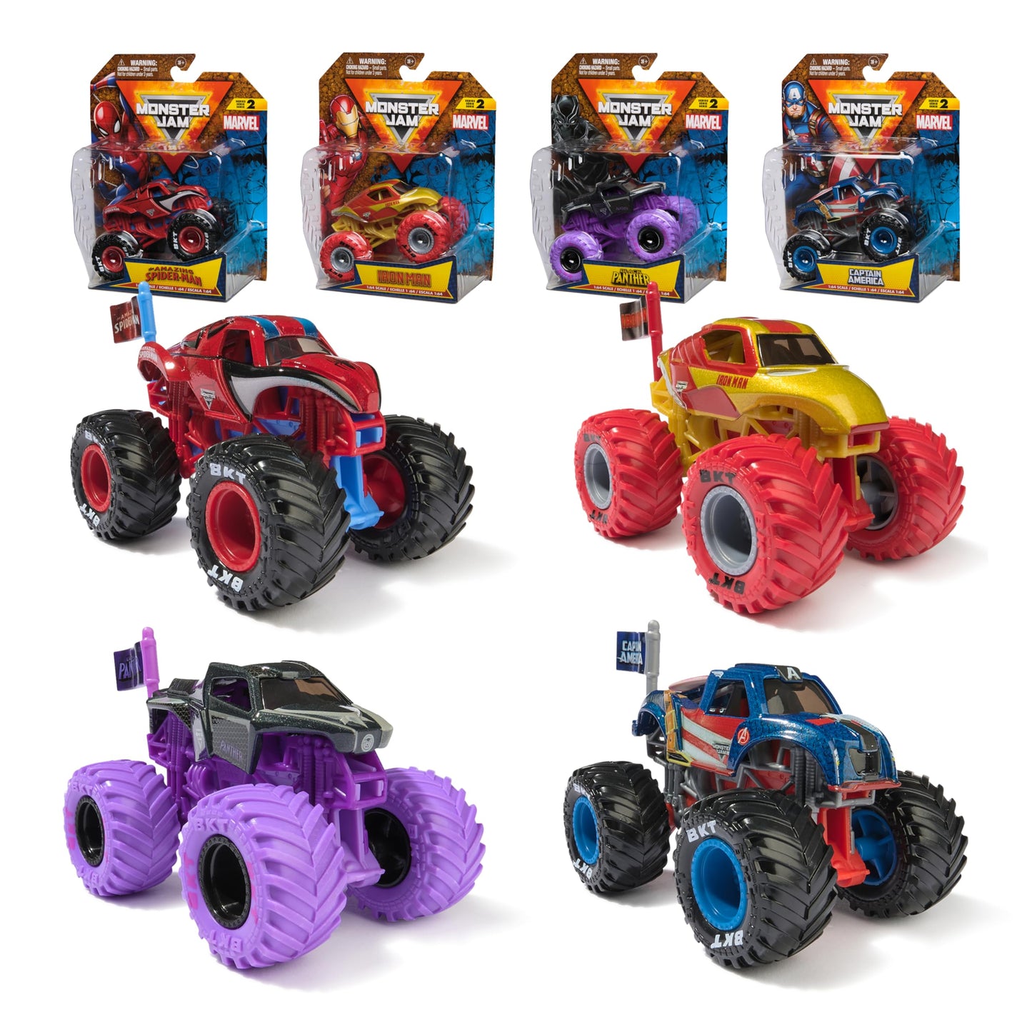 Monster Jam, Marvel 4-Pack of 1:64 Scale Die-Cast Monster Trucks, Spider-Man, Iron Man, Captain America & Black Panther, Kids To