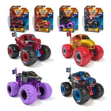 Monster Jam, Marvel 4-Pack of 1:64 Scale Die-Cast Monster Trucks, Spider-Man, Iron Man, Captain America & Black Panther, Kids To