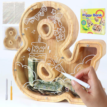 weallbuy Large Letter Piggy Bank for Kids Boys Girls Wooden Personalized Piggy Banks A-Z with Target Area Clear Alphabet Banknote Coin Banks for Gift Decoration Baptism (&)