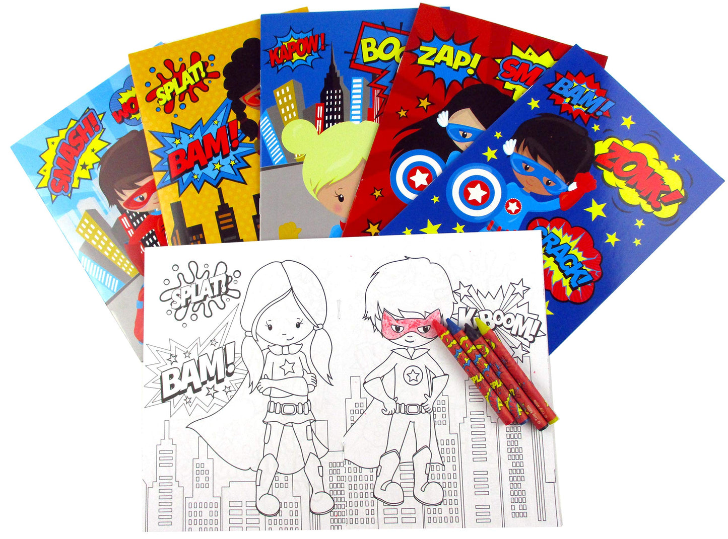 Tiny Mills Superhero Coloring Books for Kids - 12 Books and 48 Crayons Party Favors, Prizes, Favor Bag Filler, Party Supplies