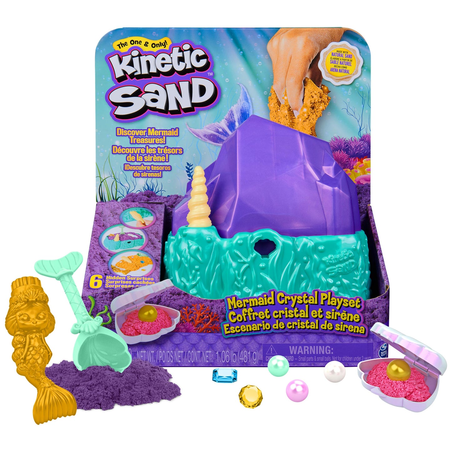 Kinetic Sand, Mermaid Crystal Playset, Over 1lb of Play Sand, Gold Shimmer Sand, Storage and Tools, Sensory Toys for Kids Ages 3