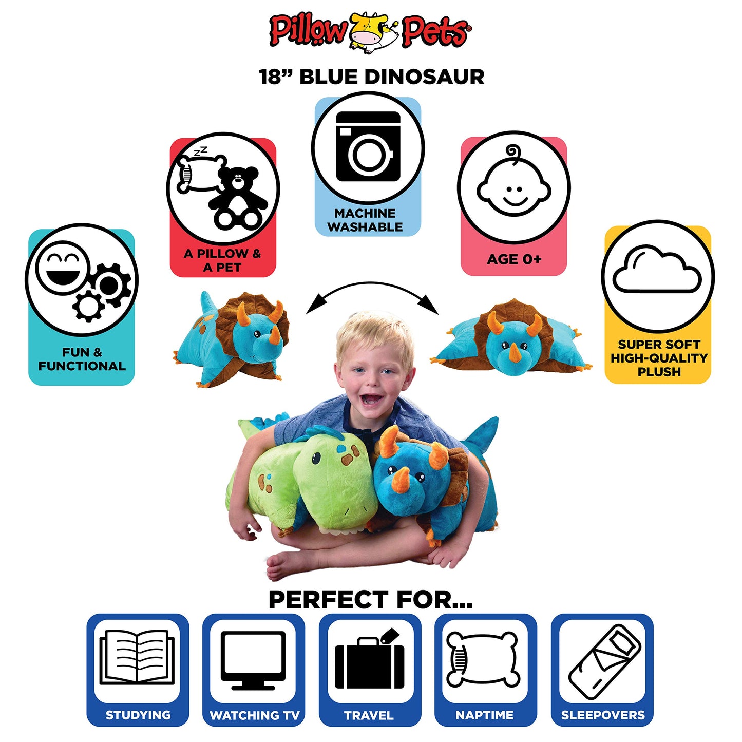 Pillow Pets Blue Triceratops 18 Stuffed Animal Plush Toy - Soft Dinosaur Toy for Kids, 1 Count