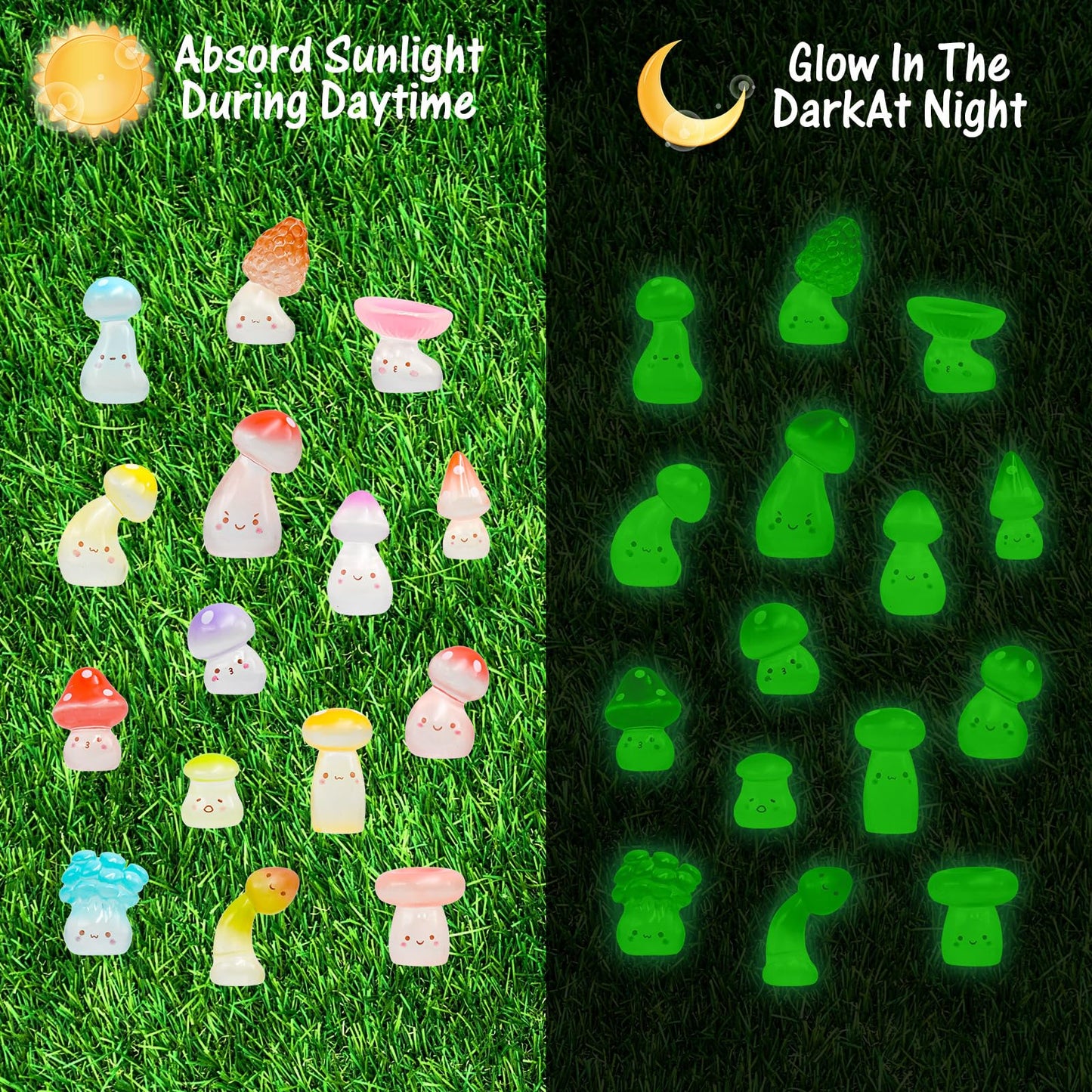 WOZADU 30 PCS Luminous Mini Resin Mushrooms Figurines for Dollhouse Decoration Tiny Resin Miniature Things for Fairy Garden Micro Landscaping Decoration Cake Toppers Decor