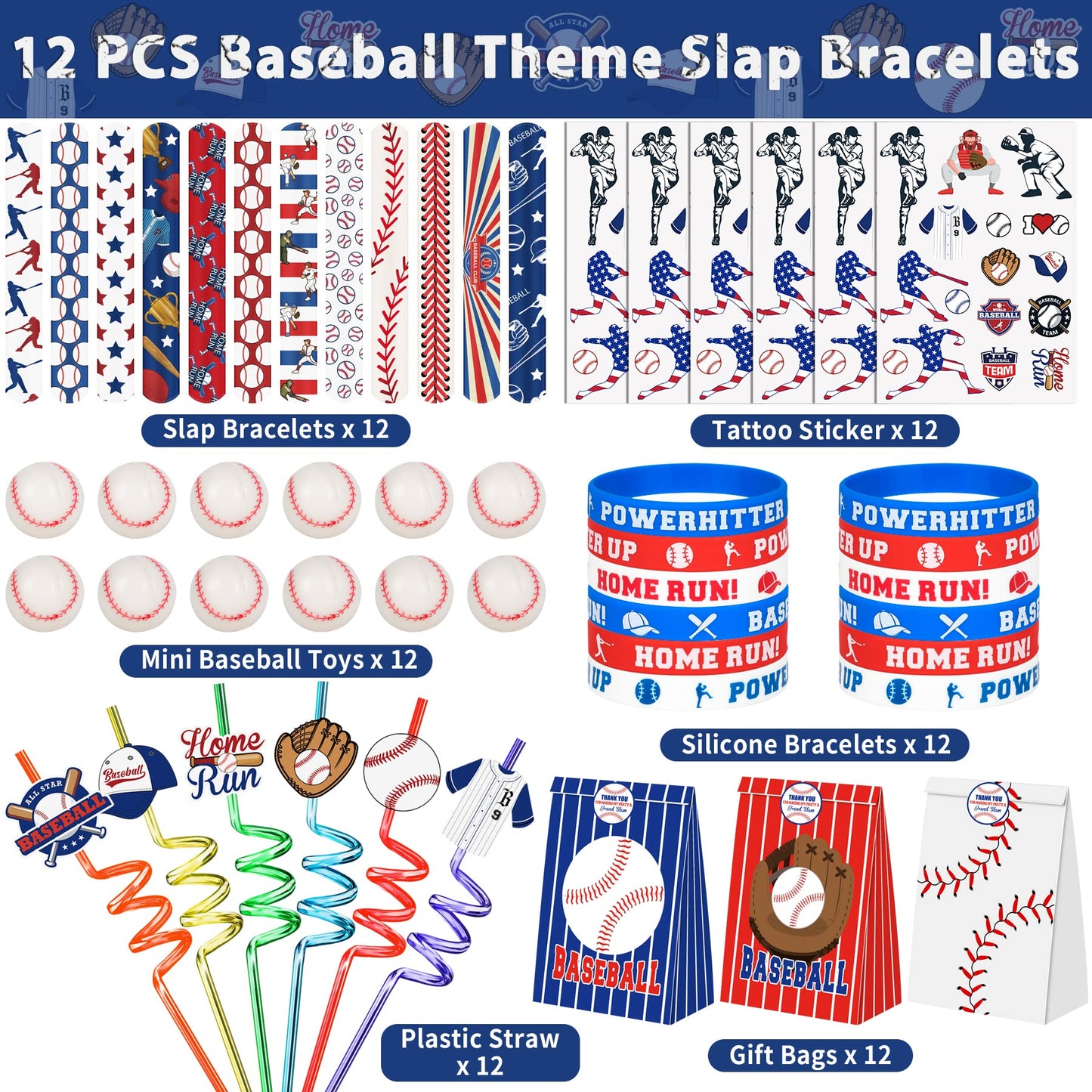 Erweicet Baseball Party Favors Set 72 PCS Baseball Slap Straws Silicone Bracelets Tattoo Stickers Mini Bouncy Balls Toy for Good
